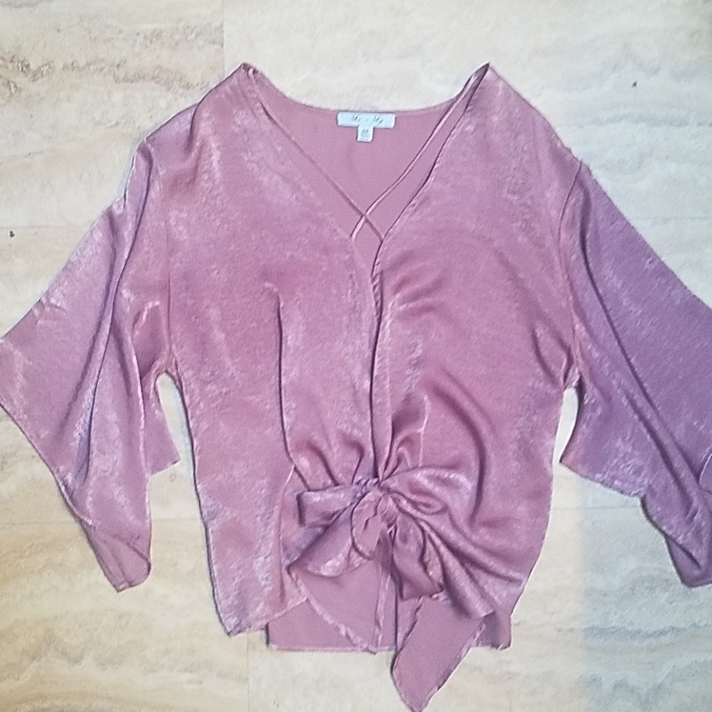 Rose satin tie front blouse